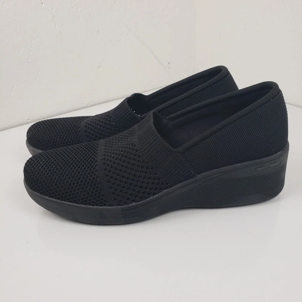 Skechers Women's 11 Pier Lite‎ Wow Factor Black Knit Wedge Slip On Sneaker Shoes